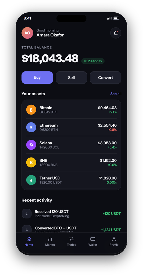 The PallyX mobile app showing wallet balance and assets